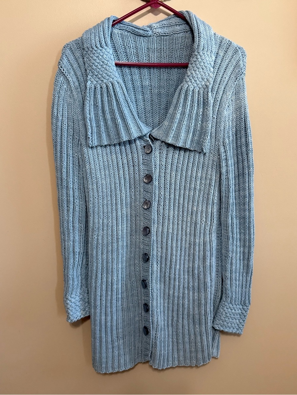 Light Blue Button-Front Women's Ribbed Knit Cardigan Sweater